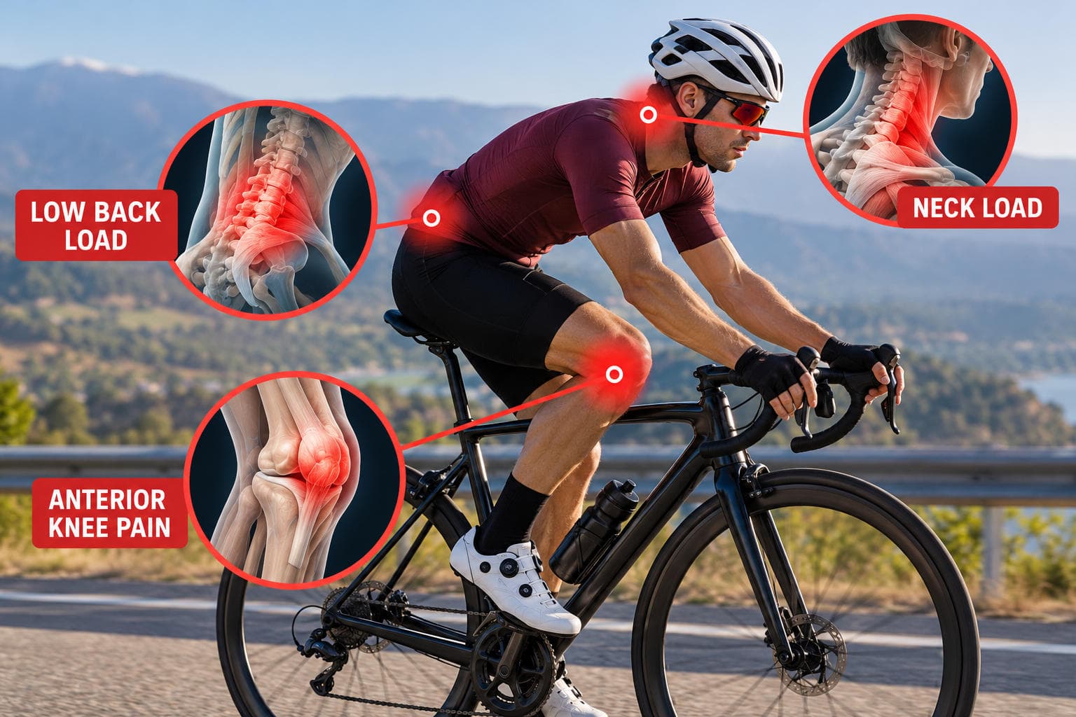 Cycling Injuries: Anterior Knee Pain, Low Back and Neck Load
